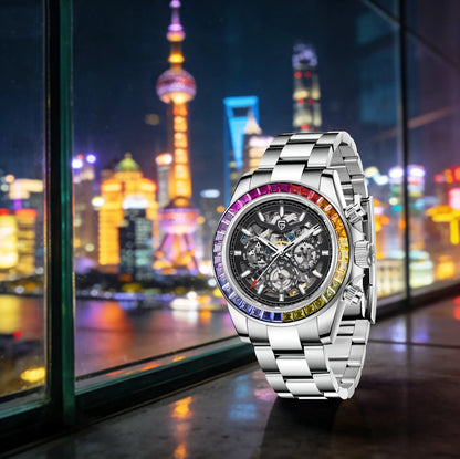 PAGANI DESIGN Personalized Men Automatic Mechanical Watch Colorful Gemstone Bezel Small Three-Pin Tachymeter Design Chronograph