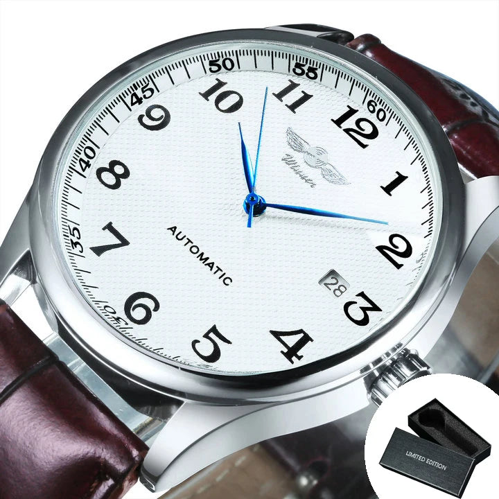 Relógio de homem WINNER – Estilo clássico, retro e elegante – Relógio mecânico automático com calendário – Marca de luxo, caixa em aço e bracelete em pele