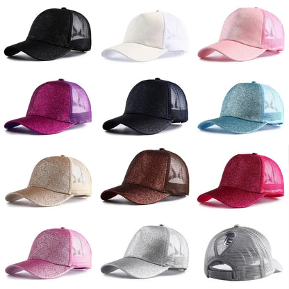Letnia czapka z daszkiem z brokatem, z wysokim karkiem, damska czapka typu snapback, czapki typu trucker z siateczką w kolorach czarnym, białym i różowym dla kobiet Gorra