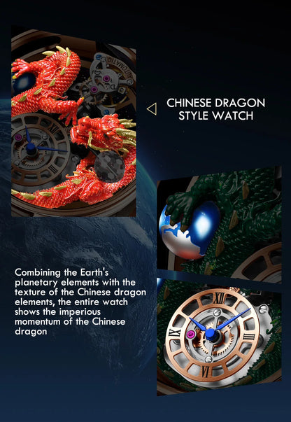 PINDU Design Celestial Body Series Traditionnelle Artisanat Three Dimensional Dragon Men Watch Curved Mirror Transparent Globe