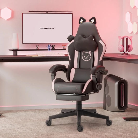 Niedlicher Gaming-Stuhl mit Katzenohren, Fußstütze, pinker Kawaii-Computerstuhl, ergonomischer Gamer-Sitz mit hoher Rückenlehne und Lendenstütze in Katzenpfotenform