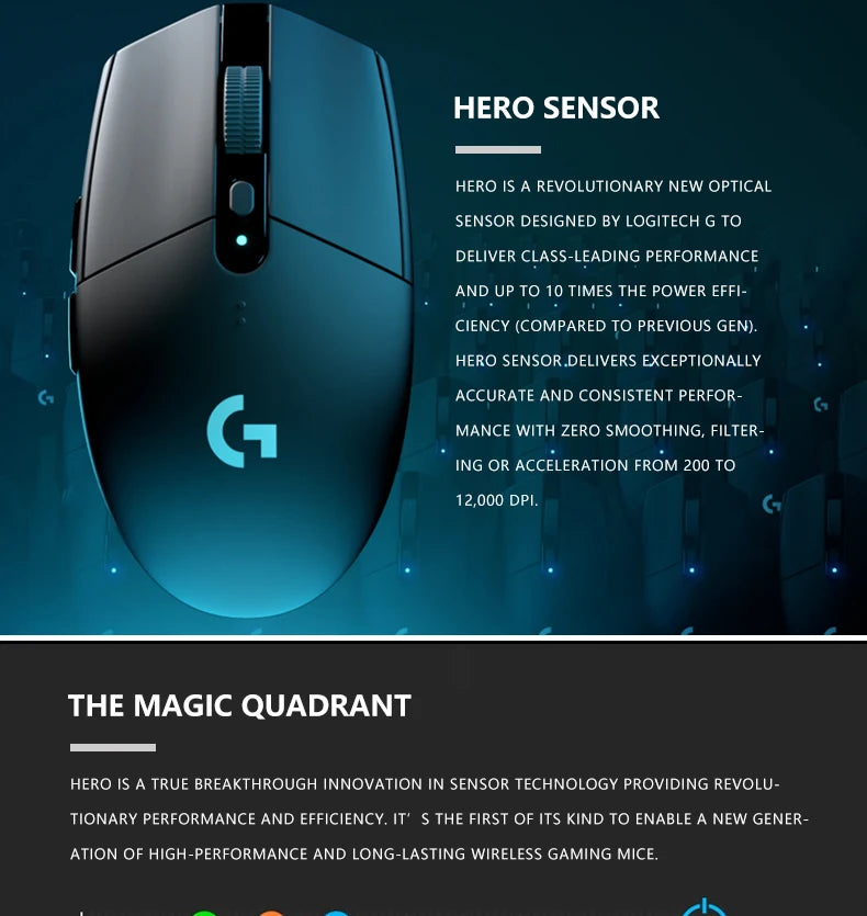 Logitech G305 wireless mouse, 12000 DPI, HERO sensor, 9-month battery life, sensitive hotkeys, suitable for casual gamers.