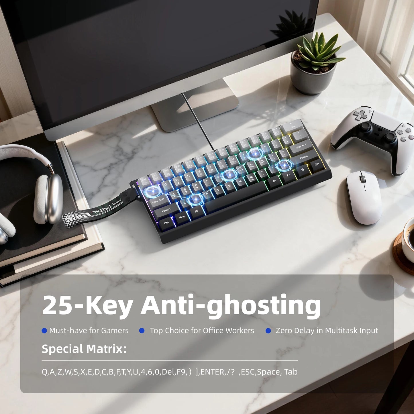 60% kompakte kabelgebundene Tastatur mit RGB-Hintergrundbeleuchtung und Keycaps mit Farbverlauf, geeignet für Windows-Tablets, Laptops und Gamer.