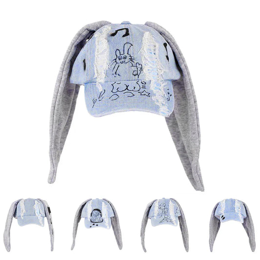 New MinJi Haerin OMG Stage Long Rabbit Ear Hat Y2K Style Denim Blue Baseball Cap Fashion Hip-Pop Cap Couple Birthday Gifts