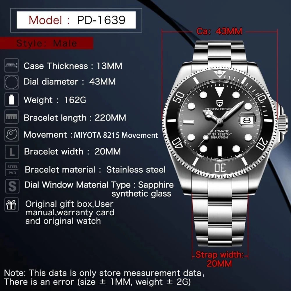 PAGANI DESIGN Diving Watch Mechanical Automatic Watch 316L Stainless Steel UltraBright Luminous Watch Top Luxury Watches for Man