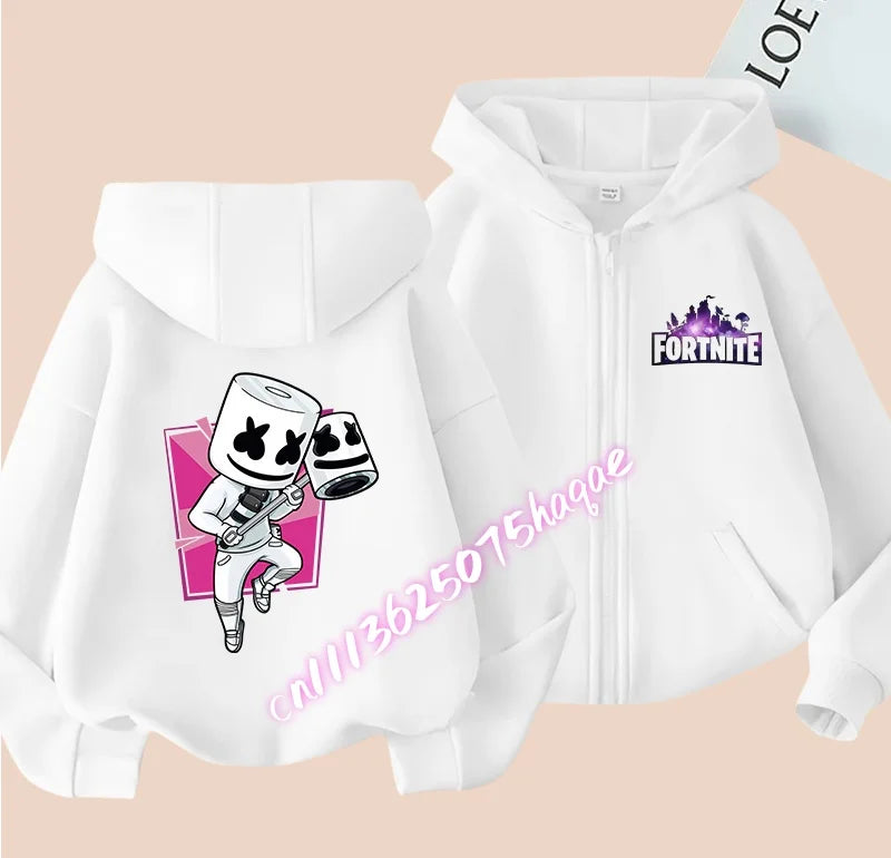 Casaco com capuz infantil Fortnite de outono, com fecho, estampado com personagem de jogo em estilo cartoon, casaco de inverno para criança, roupa para menino
