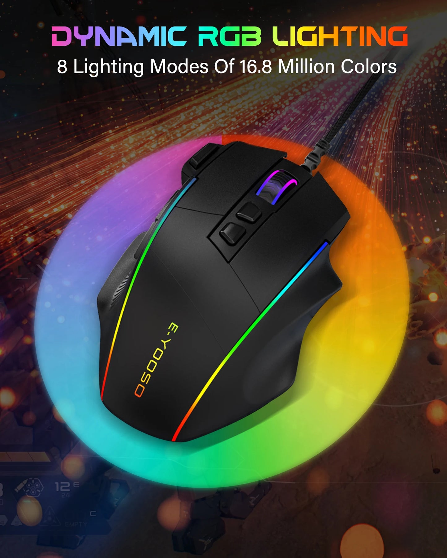 E-YOOSO X49 laidinė žaidimų pelė, reguliuojamas 12400 DPI jautrumas, RGB apšvietimas, 8 programuojami mygtukai, ergonomiška žaidimų pelė PC ir nešiojamajam kompiuteriui