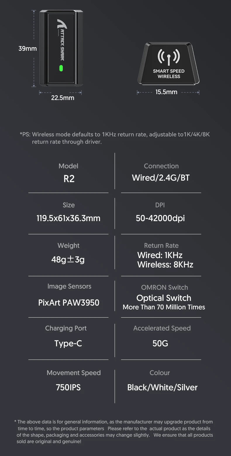 Bezprzewodowa mysz gamingowa Attack Shark R2 PAW3950 8K ze stopu magnezu, lekka mysz gamingowa Bluetooth Tri-Mode do gier/biura