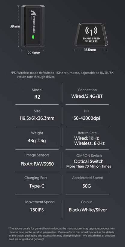 Bezprzewodowa mysz gamingowa Attack Shark R2 PAW3950 8K ze stopu magnezu, lekka mysz gamingowa Bluetooth Tri-Mode do gier/biura