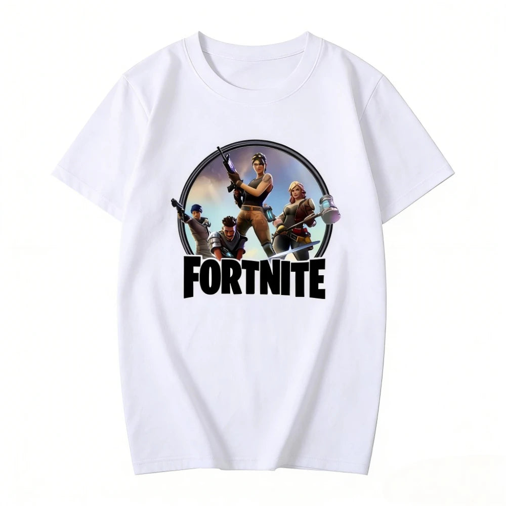 T-shirt infantil branco de algodão com estampado cartoon do tema Fortnite, manga curta, verão, jogo popular
