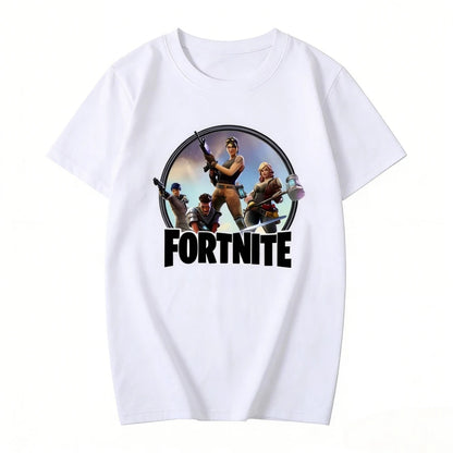 T-shirt infantil branco de algodão com estampado cartoon do tema Fortnite, manga curta, verão, jogo popular