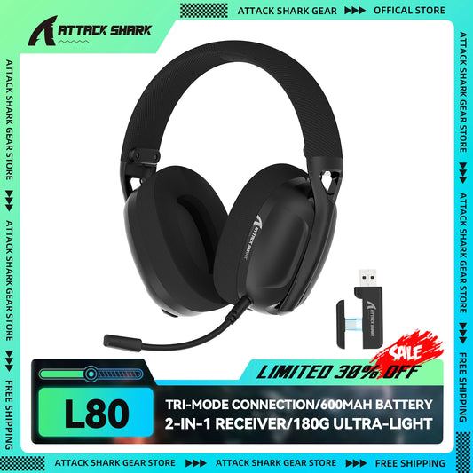 Cuffie gaming ATTACK SHARK L80 ultra leggere 180g – Wireless tri-mode (Bluetooth 5.3 / 2.4G / cablate), audio surround 5.1, driver da 40mm, microfono rimovibile