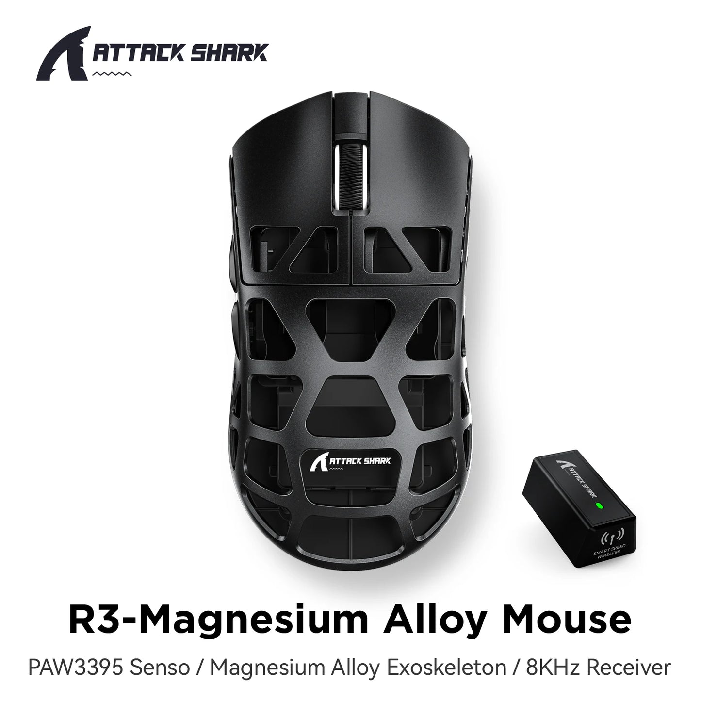 Mouse de gaming ATTACK SHARK R3 din aliaj de magneziu cu structură tip fagure, ultra-ușor, 8K Hz, senzor PAW3395, 26000 DPI, carcasă ergonomică
