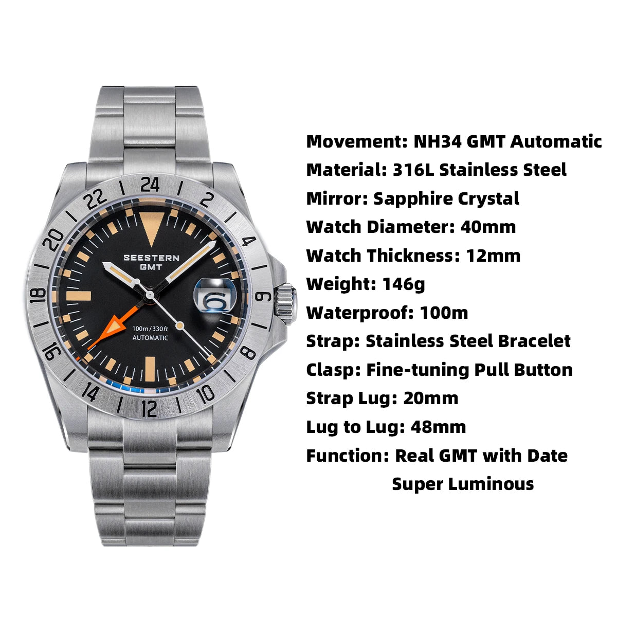SEESTERN GMT Retro Watch for Men NH34 Automatic Movement Mechanical Wristwatches Sapphire Crystal Fine-tuning Pull Button S436