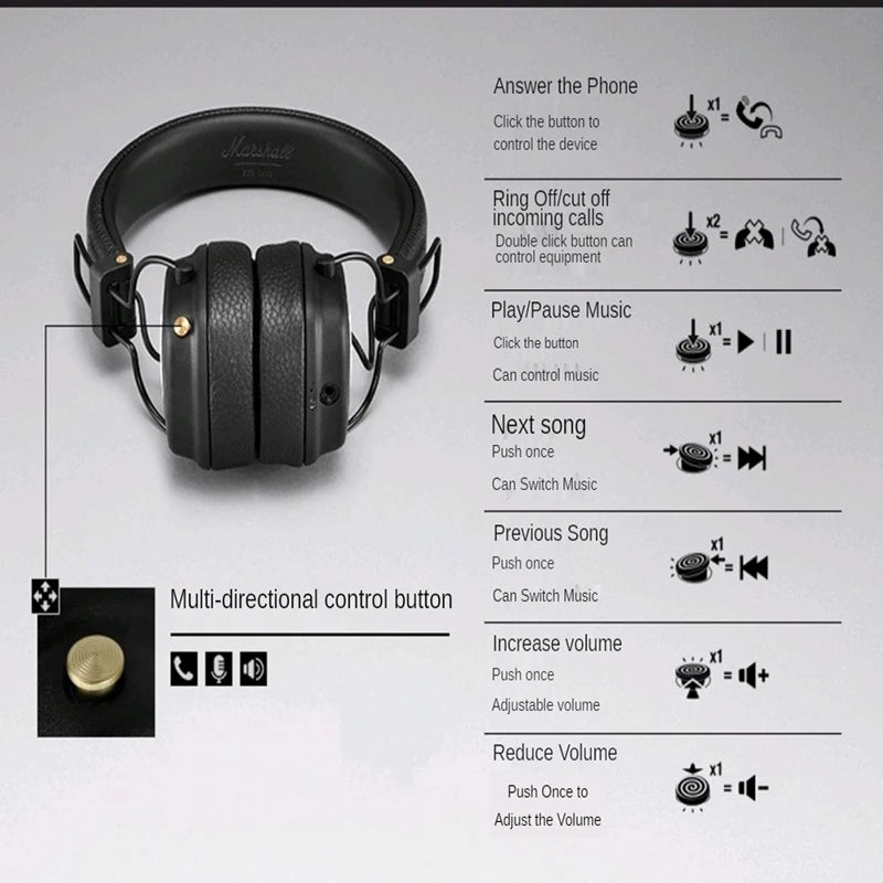 Marshall Major III Wireless Bluetooth Headphones – Deep Bass, Noise Cancelling, Foldable Over-Ear Headset with Microphone