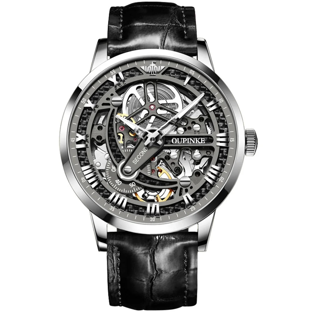 OUPINKE 3173 Skeleton Automatic Mechanical Watch Luxury Brand 50M Waterproof Watch Leather Strap Mens Watch Box Gifts Reloj