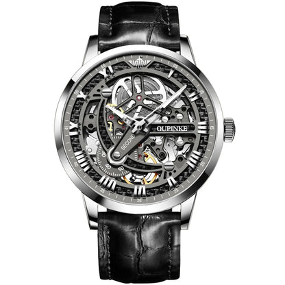 OUPINKE 3173 Skeleton Automatic Mechanical Watch Luxury Brand 50M Waterproof Watch Leather Strap Mens Watch Box Gifts Reloj