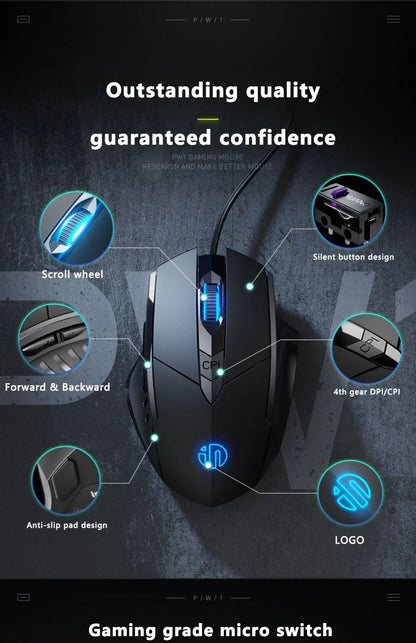 Mouse cu fir Inphic W1, mouse eSports pentru gaming, mouse silențios pentru birou, opțiuni cu trei taste și șase taste