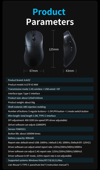 AJAZZ AJ179 V2 MAX Tri-mode right-handed mouse 56g lightweight PAW3311 sensor Huanuo Micro Switch TelinkMicrochip