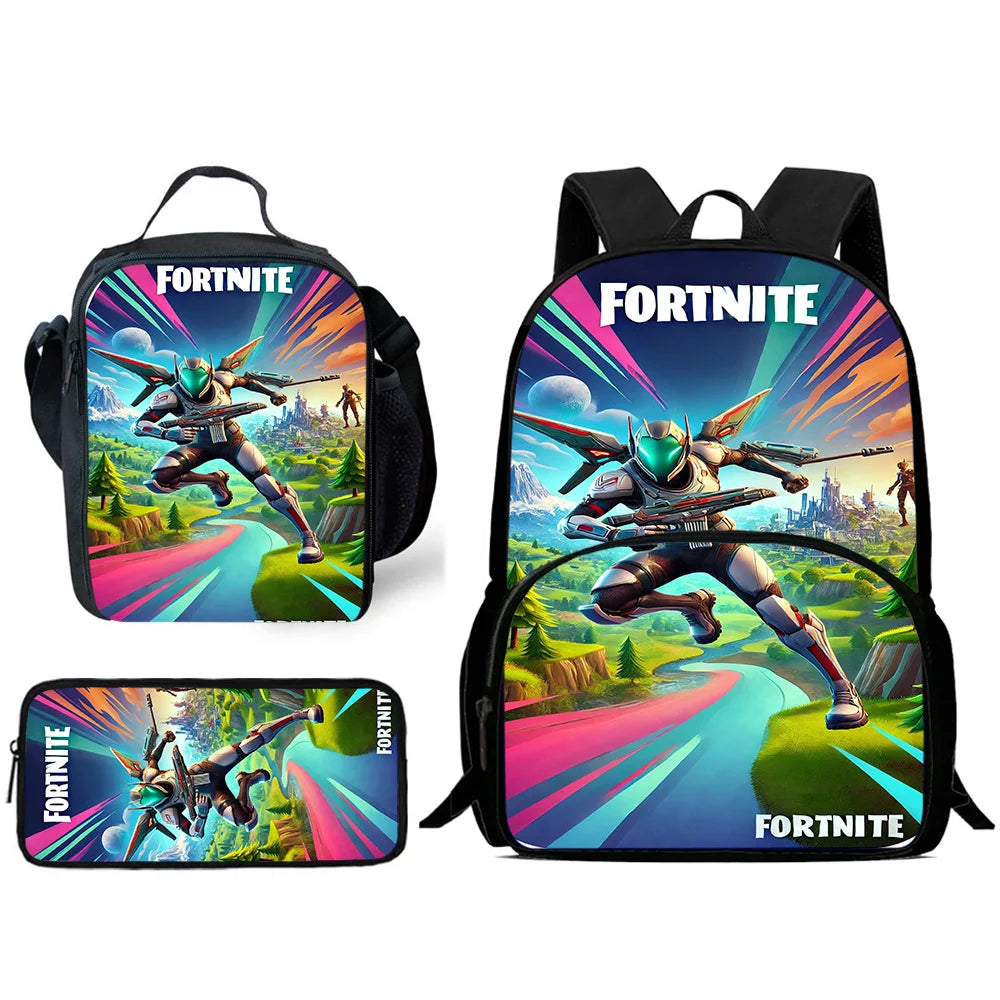 Mochilas Infantis de Design Gaming F-FortniteS com Lancheira e Estojo, Mochilas Escolares de Grande Capacidade para Meninos e Meninas, Melhor Presente