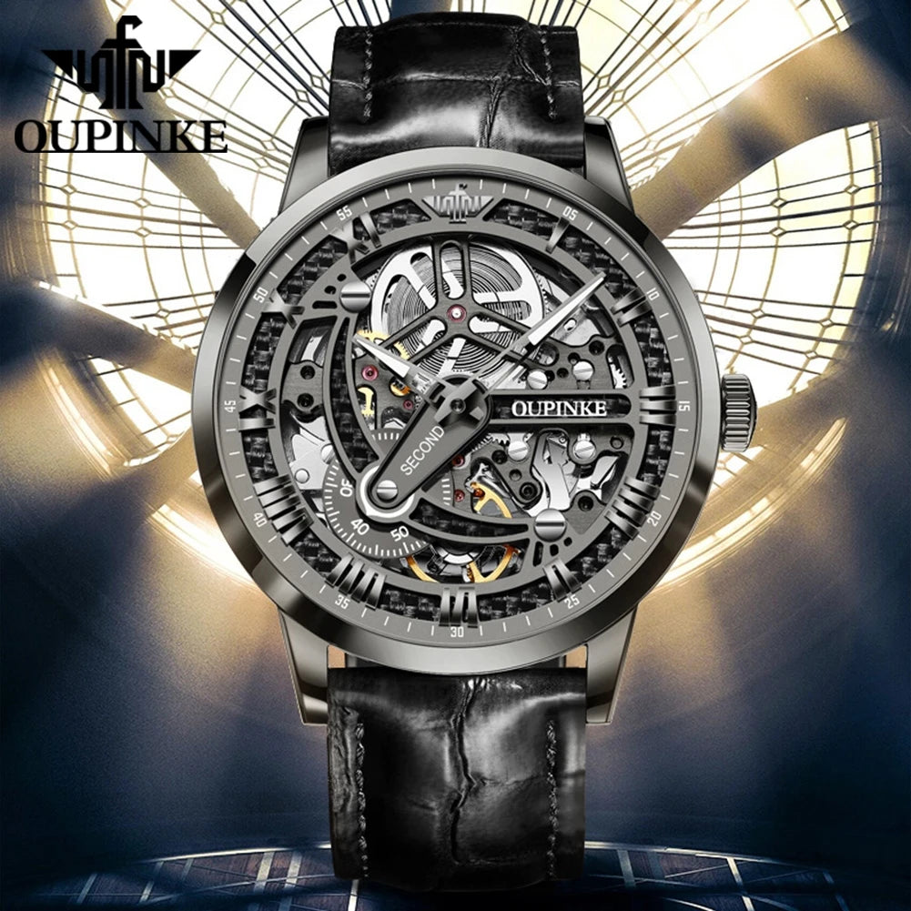 OUPINKE 3173 Skeleton Automatic Mechanical Watch Luxury Brand 50M Waterproof Watch Leather Strap Mens Watch Box Gifts Reloj