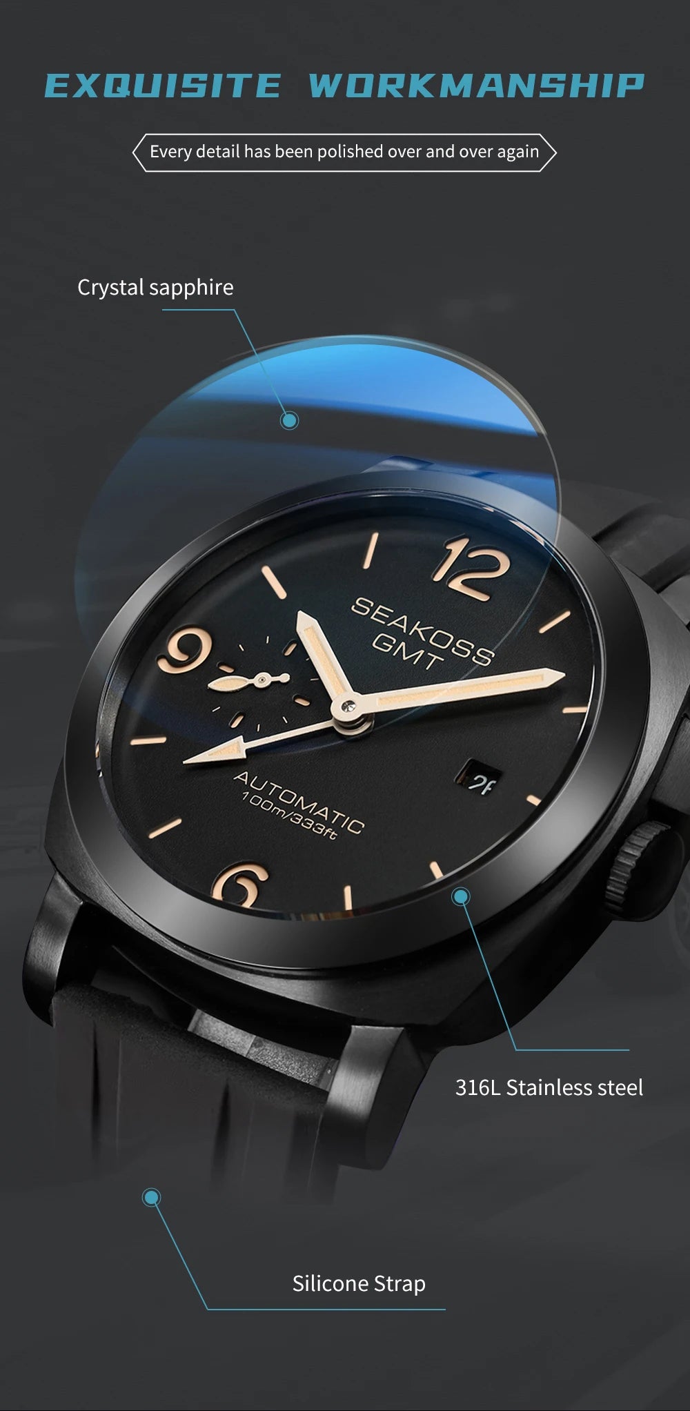 SEAKOSS 45mm Diving GMT Watch Automatic Mechanical Wristwatches Seagull ST2557 Movement 100M Luminous Calendar Men's Watches