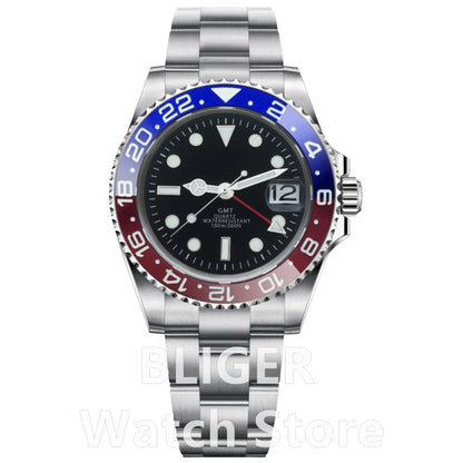 BLIGER 40mm 515 24H GMT Men's Watch Stainless Steel Clasp Luminous Quartz Movement Ceramic Bezel Sapphire Glass 10Bar Waterproof