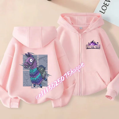 Casaco com capuz infantil Fortnite de outono, com fecho, estampado com personagem de jogo em estilo cartoon, casaco de inverno para criança, roupa para menino