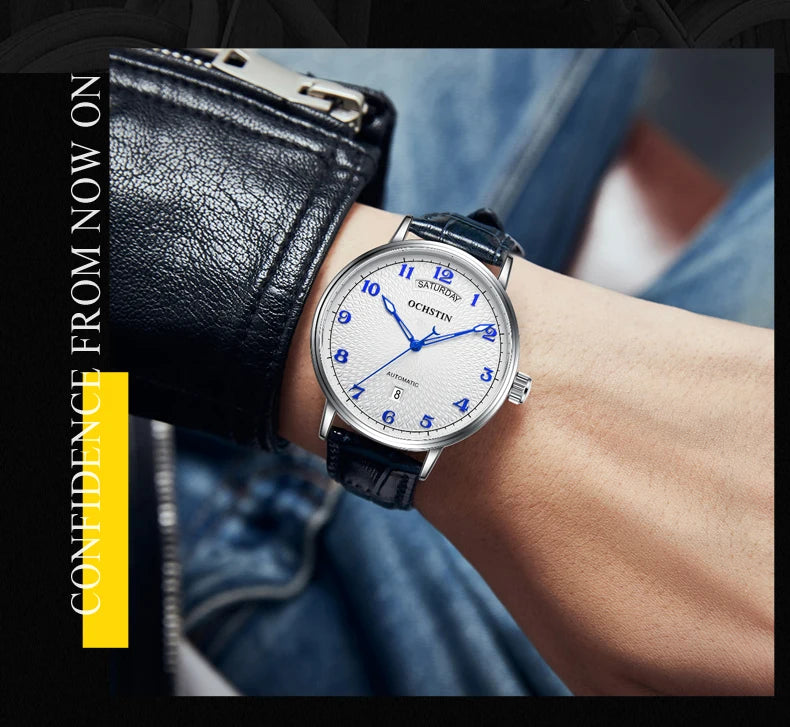 OCHSTIN Day Date Gents Watches 2025 Gift for Men Automatic Mechanical Business Wristwatches 40mm Analog Male Clock Leather Strap