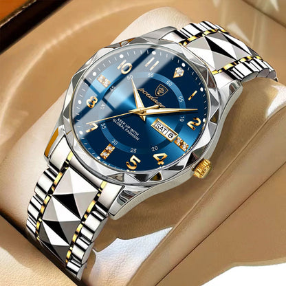 Мъжки часовник POEDAGAR Fashion Luxury, водоустойчив, със светещ циферблат, кварцов механизъм, каишка от неръждаема стомана, дата и ден от седмицата, неформален стил.