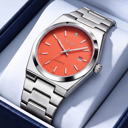 Relógio de quartzo para homem CHRONOS – Bracelete em aço inoxidável, resistente à água, ponteiros luminescentes, indicador de data – Ideal para o trabalho, o desporto ou o dia a dia