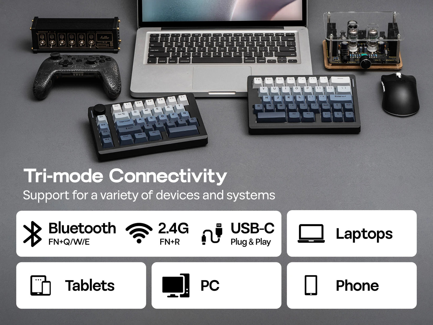 Tastiera meccanica EPOMAKER Split70 QMK/VIA 70% con layout split, connessione cablata/BT/2.4Ghz wireless, manopola programmabile e modificatori Mac