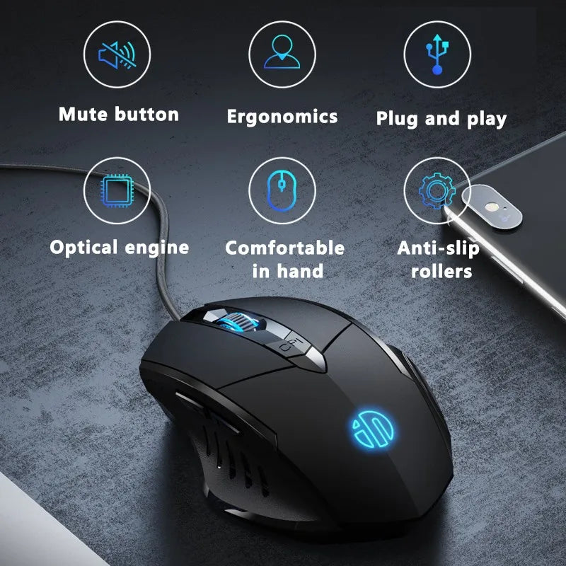 Mouse cu fir Inphic W1, mouse eSports pentru gaming, mouse silențios pentru birou, opțiuni cu trei taste și șase taste