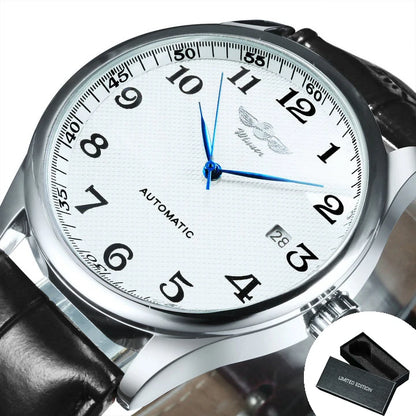Relógio de homem WINNER – Estilo clássico, retro e elegante – Relógio mecânico automático com calendário – Marca de luxo, caixa em aço e bracelete em pele