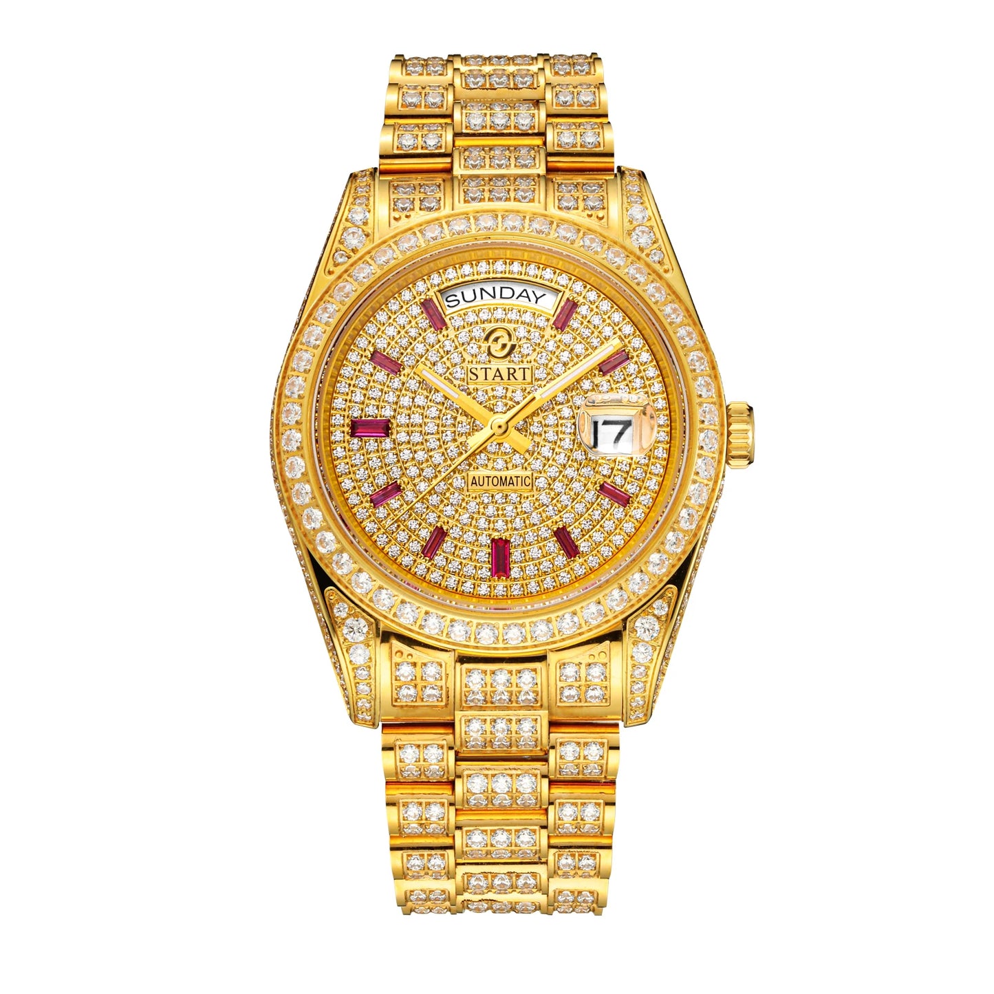 【START】Men's Watch Swiss Automatic Mechanical Movement Diamond Watch Waterproof Date Week Function Golden Watch