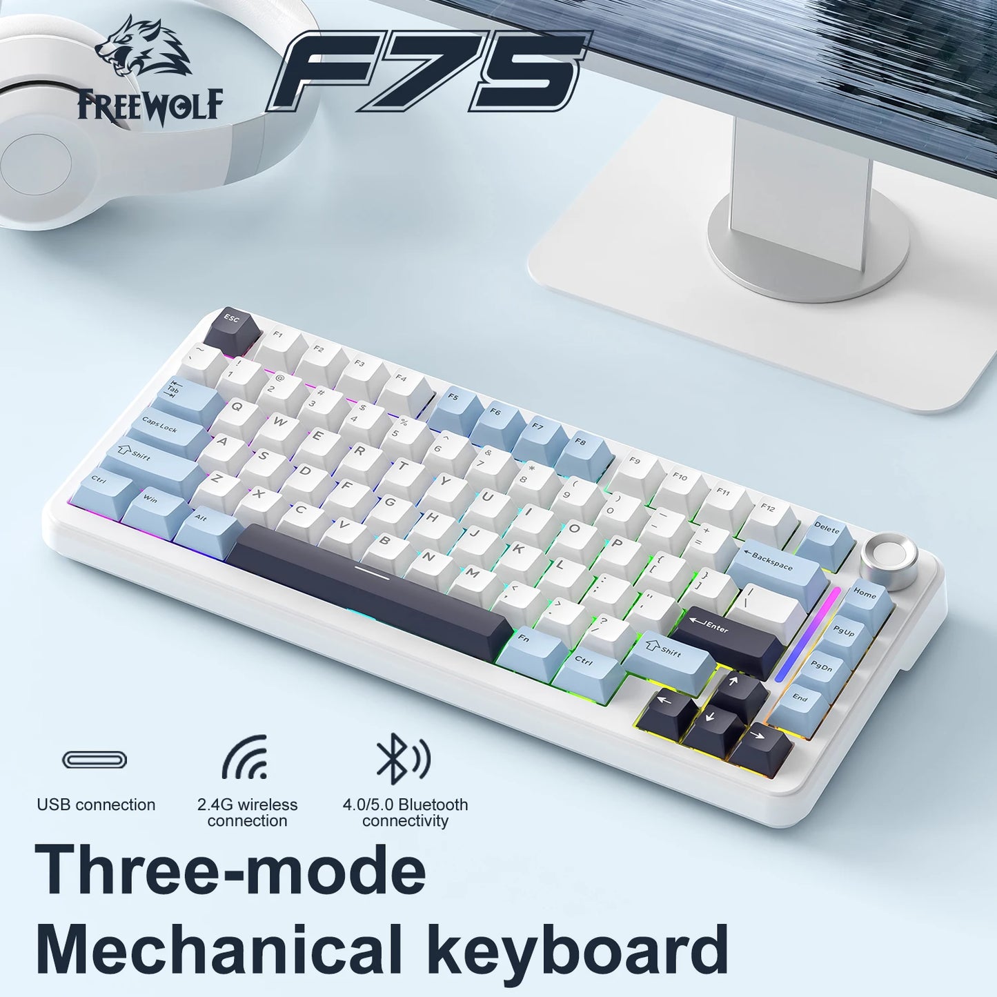 Teclado mecânico F75 FREEWOLF * AULA F75 Bluetooth de três modos, dedicado a gaming e utilização em escritório
