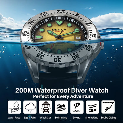 BERNY Automatic Diver Watch for Men Frosted Dial MIYOTA 8215 316L Supper Luminous Sapphire AR Fluororubber Men's Diving Watches