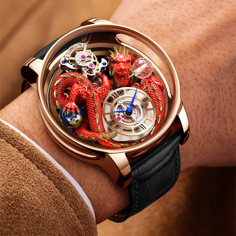 PINDU Design New 3D Dragon Earth Theme Quartz Watches Men Celestial Series Curved Mirror Transparent Design Watch Wristwatches