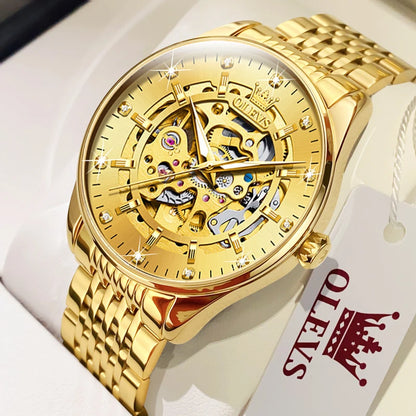 OLEVS Men's Watches Luxury Gold Skeleton Automatic Mechanical Wrist Watch for Man Waterproof Stainless Steel Luminous Business