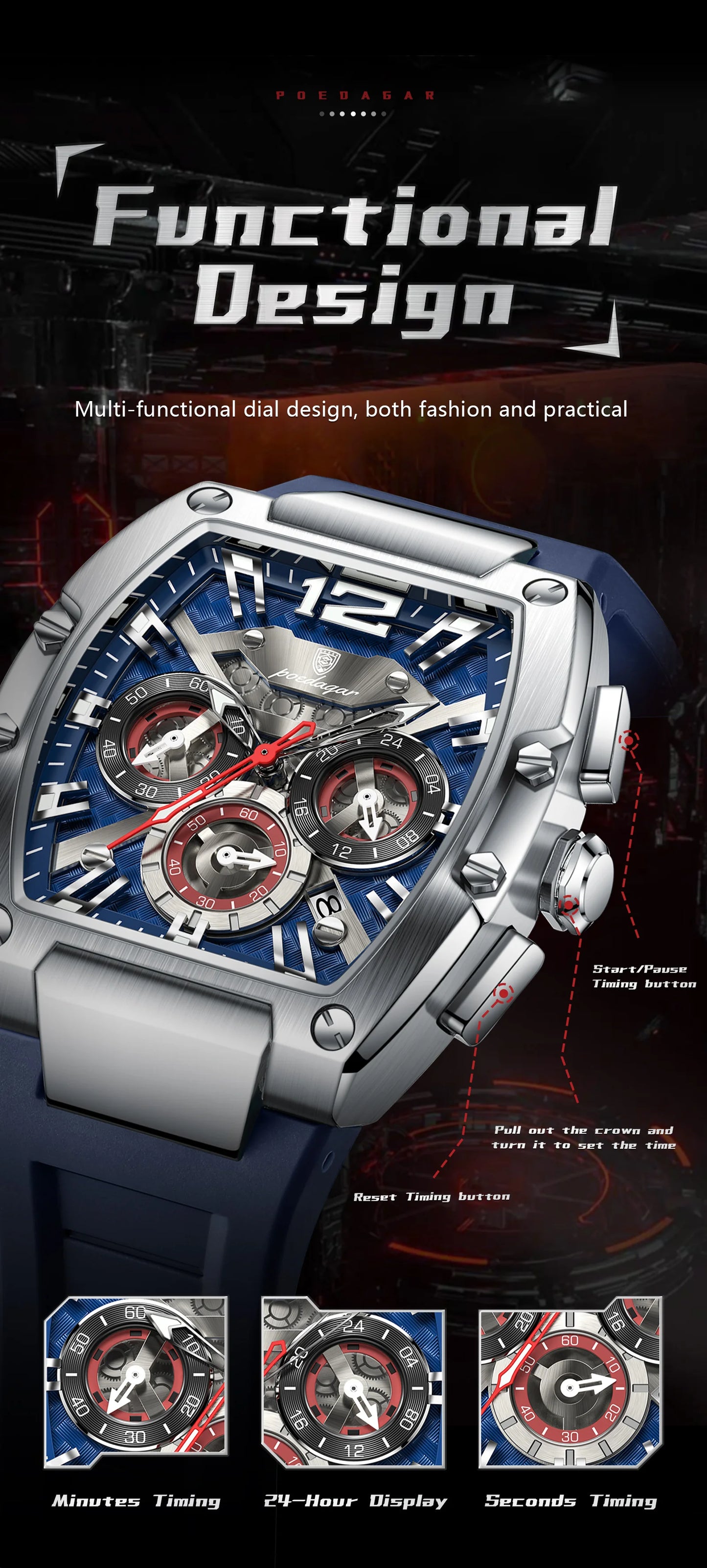 POEDAGAR Fashion Brand Men's Watch Luminous Waterproof Date Sports Male Watch Chronograph Silicone Quartz Watches For Man Reloj