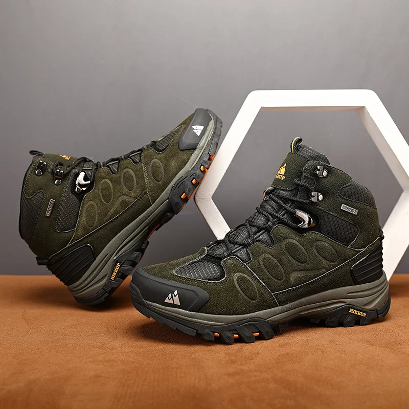Botas de caminhada de cano alto HIKEUP para homem, calçado de inverno para exterior, com atacadores, antiderrapantes, desportivas casuais para trekking, impermeáveis, em camurça