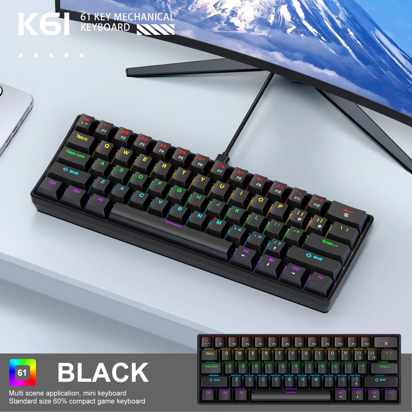 Tastiera meccanica da gaming cablata mini APAYADO K61 60% Phantom RGB, 61 tasti, switch Red/Blue, ergonomica, portatile per PC/laptop