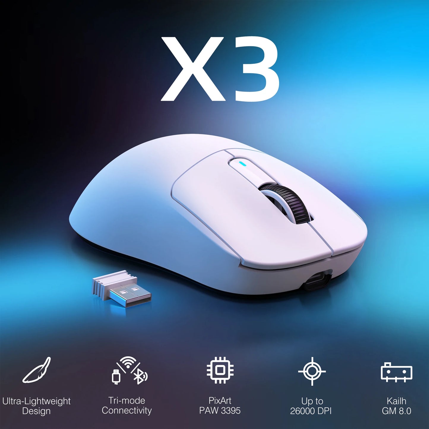 ATTACK SHARK X3 brezžična igralna miška, senzor PixArt PAW3395, 26K DPI, ultralahka 49g, tri-način 2.4G/Bluetooth/žično, za PC/MAC