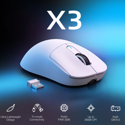 ATTACK SHARK X3 brezžična igralna miška, senzor PixArt PAW3395, 26K DPI, ultralahka 49g, tri-način 2.4G/Bluetooth/žično, za PC/MAC