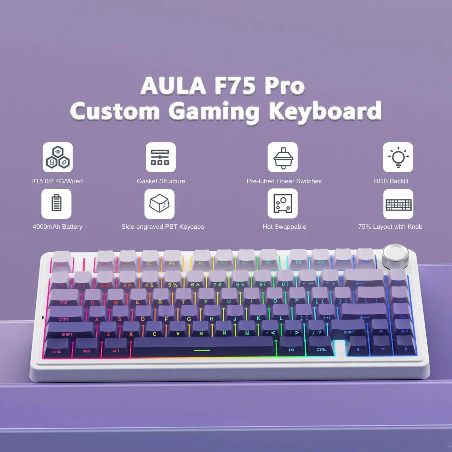 Tastiera meccanica gaming wireless AULA F75 Pro con montaggio gasket, RGB personalizzato, layout 75% e keycap PBT con incisione laterale
