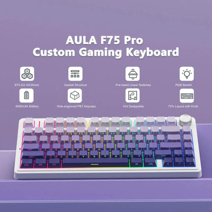 Tastiera meccanica gaming wireless AULA F75 Pro con montaggio gasket, RGB personalizzato, layout 75% e keycap PBT con incisione laterale