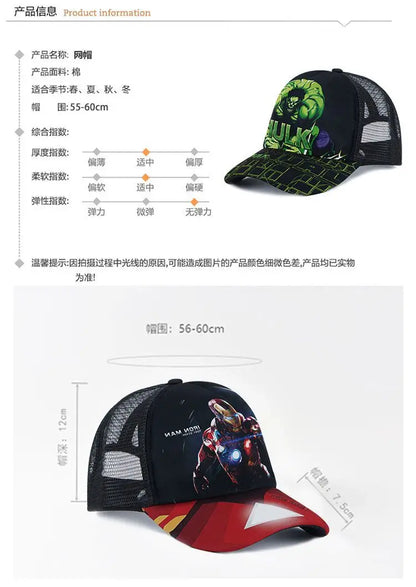 Marvel Avengers Hat Outdoor Sports Baseball Cap Spider-Man Iron Man Cartoon Animation Beach Sun Hat Peaked Hat Children's Gift