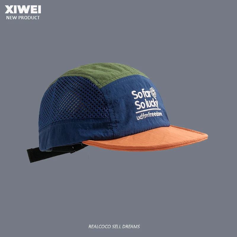 Cappellino da estate con ricami abbinati ai colori, ad asciugatura rapida, per uomo e donna, per sport all’aperto, in rete traspirante, con visiera parasole, a cinque pannelli, stile baseball