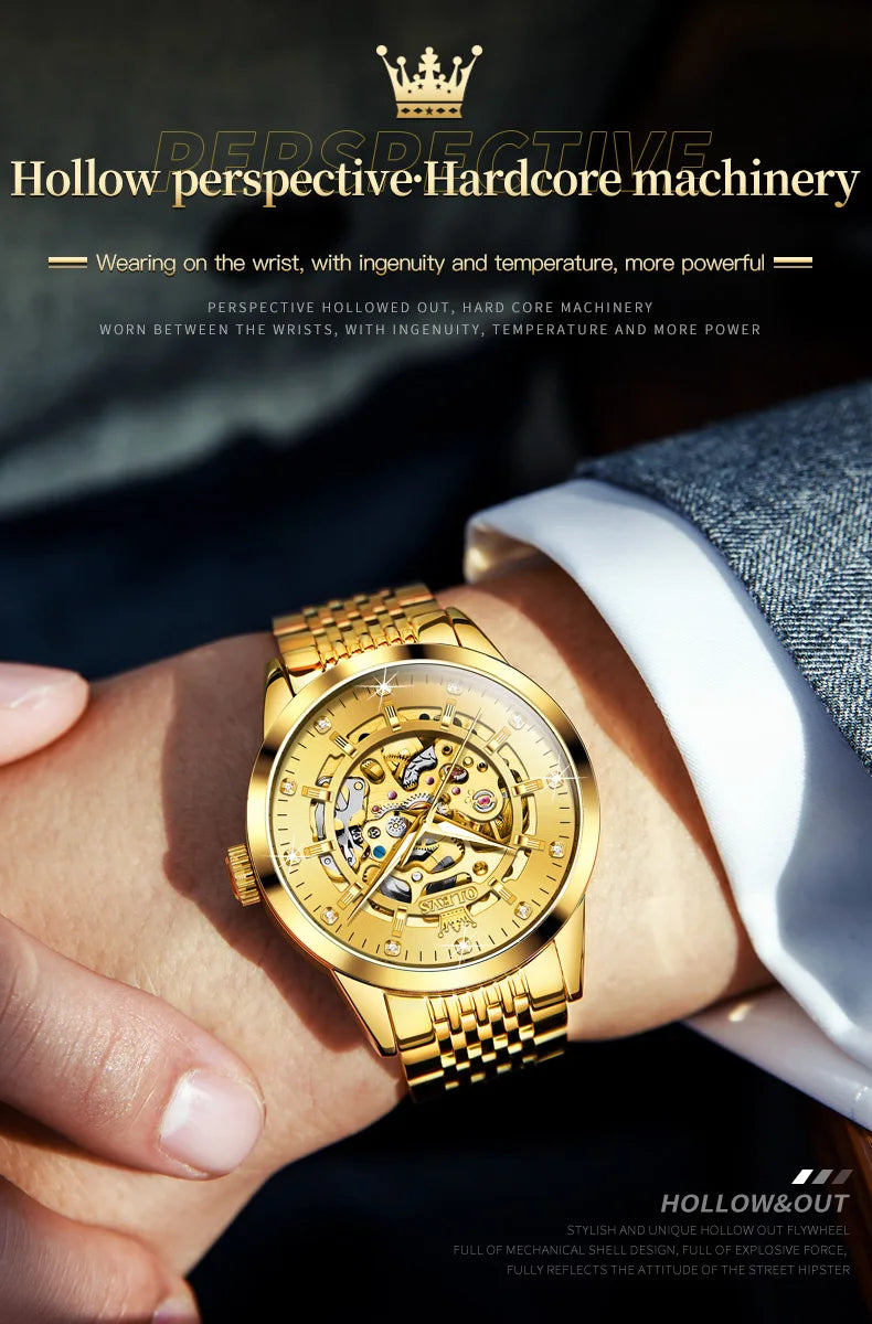 OLEVS Men's Watches Luxury Gold Skeleton Automatic Mechanical Wrist Watch for Man Waterproof Stainless Steel Luminous Business