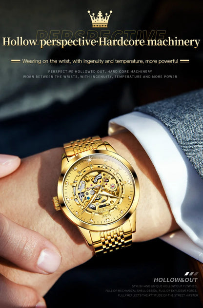 OLEVS Men's Watches Luxury Gold Skeleton Automatic Mechanical Wrist Watch for Man Waterproof Stainless Steel Luminous Business